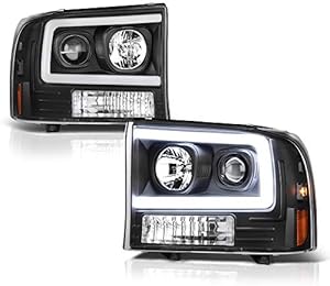 [For 1999-2004 Ford Excursion F-250 F-350 Superduty] OLED Neon Tube Black Projector Headlight Headlamp Assembly, Driver & Passenger Side