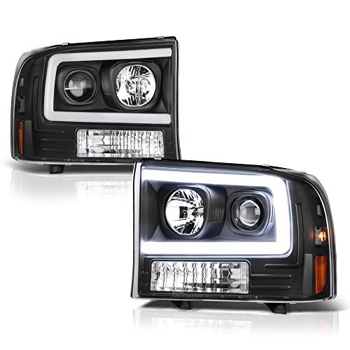 [For 1999-2004 Ford Excursion F-250 F-350 Superduty] OLED Neon Tube Black Projector Headlight Headlamp Assembly, Driver & Passenger Side