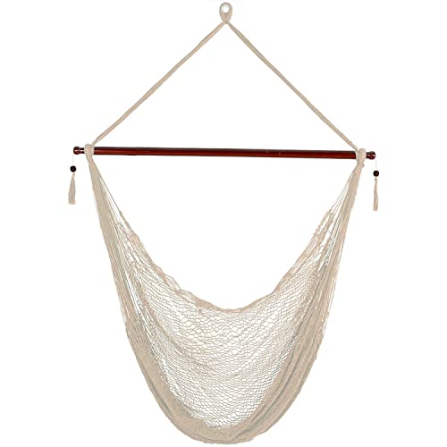 Sunnydaze Hanging Rope Hammock Chair Swing - Cabo Style Extra Large Hanging Chair With Spreader Bar For Backyard & Patio - 360-Pound Capacity - Cream #TOP4