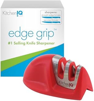KitchenIQ 50883 - Edge Grip 2-Stage Knife Sharpener - Red - Coarse & Fine Sharpeners - Compact - Stable Non-Slip Base - Soft Grip Rubber Handle - Straight & Serrated Knives