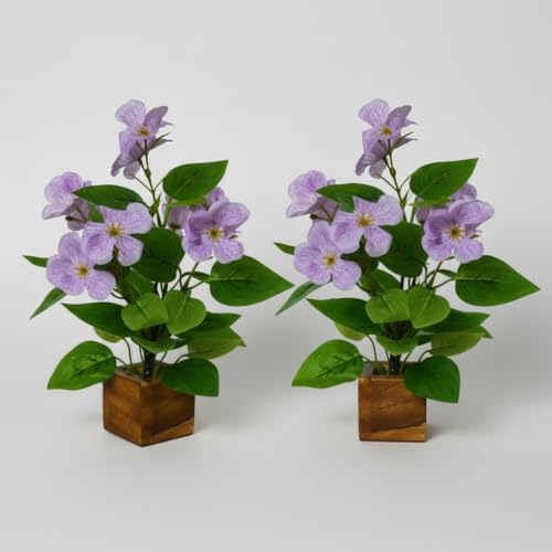 Image of fancymart Artificial Flower Plant Set of 2 with Wooden Pot - 23 cm Height | Real-Touch Faux Floral Decor for Home, Office, Living Room, Bedroom, Desk & Gift Purpose