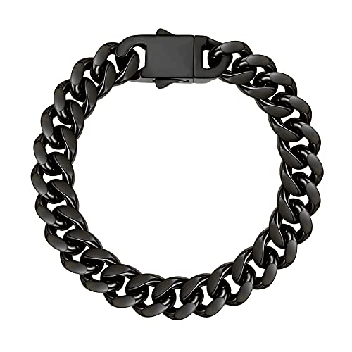 FAMARINE Black Cuban Link Chain Bracelets for Men 8 Inches, Square Box Buckle Miami Stainless Steel Bracelet Cuban Link Chain Mens Jewelry