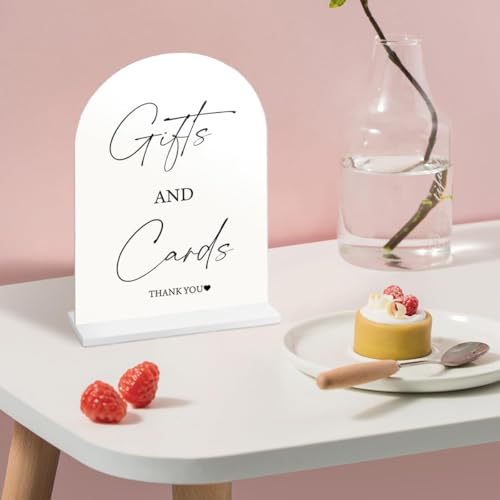 Acrylic Cards and Gifts Sign with Stand, 5x7 inch White Arched Wedding Table Signs and Base, 1/8" Thick Arch TableTop for Wedding Reception & Event Party Table (White, Cards and Gifts Sign)
