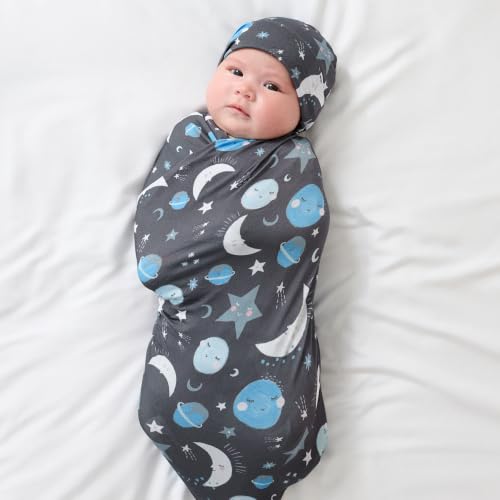 Image of Little Sleepies Swaddle & Hat Set, Baby Swaddles Newborns, Soft Viscose from Bamboo Swaddle Blanket Wrap (Blue to the Moon & Back)