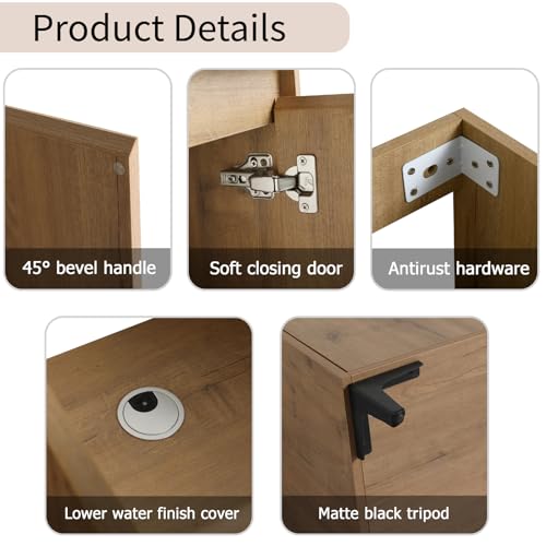 Image of Freestanding Bathroom Vanity, 48 inch Bathroom Storage Cabinet with Double Resin Sinks, 2 Soft-Close Doors & 3 Open Storage Shelves, Floor Vanity with Adjustable Shelf & Black Tripod Base, Oak