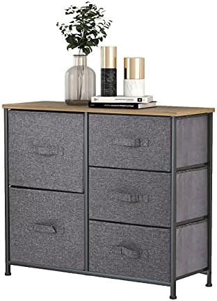 Meerveil Chest of Drawers, Drawers Bedroom, Fabric Storage Units, 5-Drawer Storage Dresser, Bedroom Clothing Storage, 85x30x70CM, Wooden Top and Metal Frame, Grey
