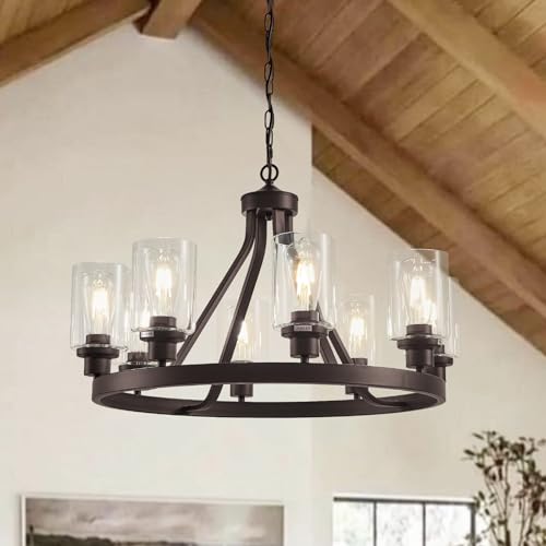 8-light wagon wheel chandelier with glass shades