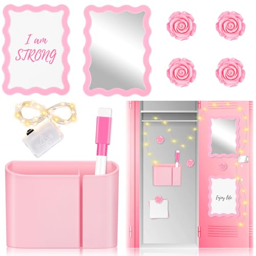9 Pieces Locker Accessories Kit Pink Magnetic Locker Organizer for Locker Decor Includes Whiteboard Mirror and Organizing Supplies Cute Locker Decorations Back to School Essentials