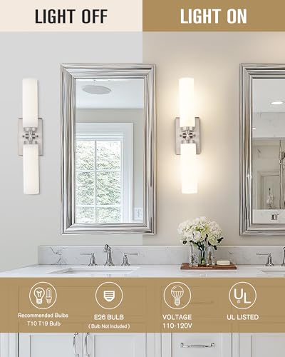 Image of Emak Brushed Nickel Vanity Light, 21 Inch Cylinder Bathroom Lighting Fixtures Over Mirror, Modern 2-Light Wall Sconce with Milk Glass Shade, VL086-BN-ML-2