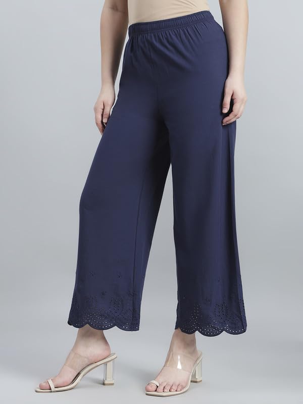 Image of GO COLORS Women's Cotton Hakoba Palazzo | Ankle Length, Schiffli Embroidery, Relaxed Fit, Mid-Rise with Side Pocket