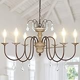FinExpect French Country Chandelier 6-Light Imitation Wood Farmhouse Chandelier with Crystal Pendant Rustic Vintage Candle Chandeliers for Dining Room Living Room Bedroom Kitchen Foyer, Dia 28'