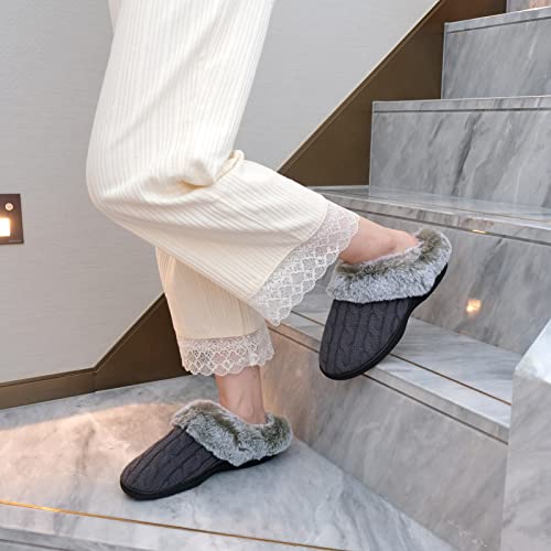 Parlovable Women's Soft Cable Knit Slippers Soft Plush Faux Fur Collar Memory Foam Fuzzy House Shoes Anti-Skid Indoor/Outdoor Rubber Sole Grey 7-8 #TOP5