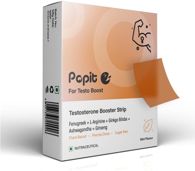 Popit Testo Boost Strips | Fenugreek, L-Arginine, Ginkgo Biloba, Ashwagandha, Ginseng | Plant-Based | Supports Healthy Testosterone Booster Levels | Fast Absorption Vs Gummies/Tablets | Non Habit Forming | Performance, Stamina & Energy | No Added Sugar | Mint Flavour (30 Oral Strips)