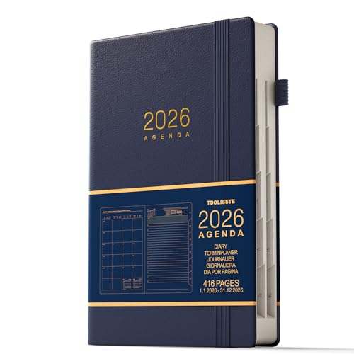 TDOLISSTE - 2026 Agenda Dia Por Pagina, A5 Planner Con Plan Diario de 365 Páginas y Plan Mensual de 24 Páginas, Titular de la Pluma y Bolsillo Interior, Tapa Dura Azul