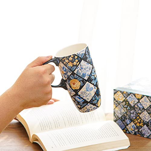 Topadorn Ceramic Coffee Mug Gift For Home & Office, 17Oz. Porcelain Latte Travel Cup With Lid And Handle, Blue Flowers Art Tea Mug With Color Box, 6.5" H #TOP2