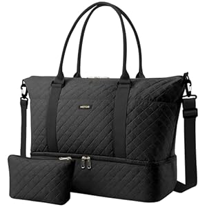 HOTOR Travel Duffel Bag – Weekender Bags for Women, Gym Tote Bags with Shoe Compartment, Carry On Overnight Bag with Toiletry Bag for Travel Essentials and Travel Accessories, Black, 13.4″×17.3″×7.9″