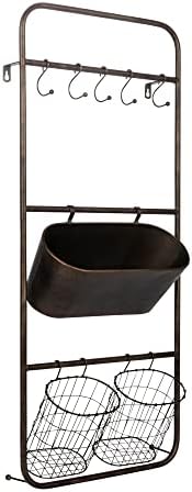 Creative Co-Op Metal Wall Rack with 5 Hooks & 3 Baskets