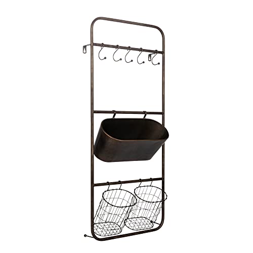 Creative Co-Op Metal Wall Rack with 5 Hooks & 3 Baskets