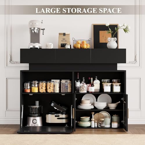 Coffee Bar Cabinet, Buffet Cabinet with USB/Type-c Charging Station, Kitchen Storage Cabinet with 3 Drawers and 2 Doors, Sideboard with Adjustable Shelf, Farmhouse Dining Room Furniture，Black — view 4