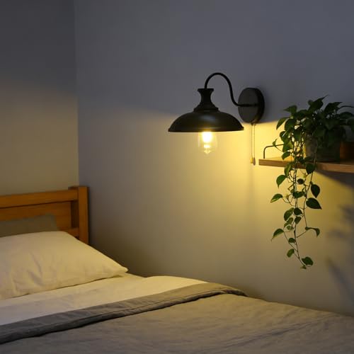 Image of Industrial Black Wall Sconce Light, Vintage 1-Light Switch Farmhouse Wall Lamp, Pull Chain Wall Sconce Lighting for Bedroom Bathroom Kitchen Hallway Living Room (Black 02)