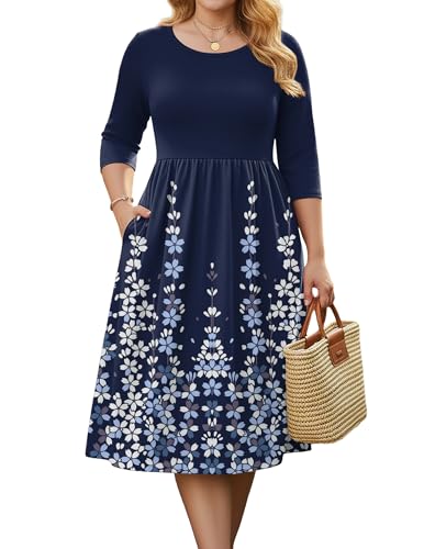 IN'VOLAND Plus Size Women Casual 3/4 Sleeve Midi Dresses Empire