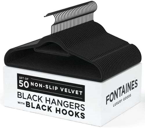Fontaines Luxury Black/Black Velvet Non-Slip Clothes Hangers - Pack of 50 - Ultra Slim & Space Saving - Heavy Duty with 360 Degree Black Swivel Hook for Clothing, Suit, Top, (Black/Black)