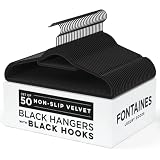 Fontaines Luxury Black/Black Velvet Non-Slip Clothes Hangers - Pack of 50 - Ultra Slim & Space Savin