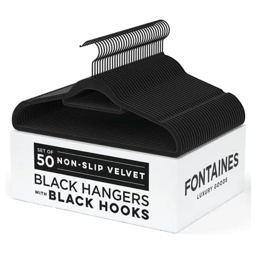 Fontaines Luxury Black/Black Velvet Non-Slip Clothes Hangers - Pack of 50 - Ultra Slim & Space Saving - Heavy Duty with 360 Degree Black Swivel Hook for Clothing, Suit, Top, (Black/Black)