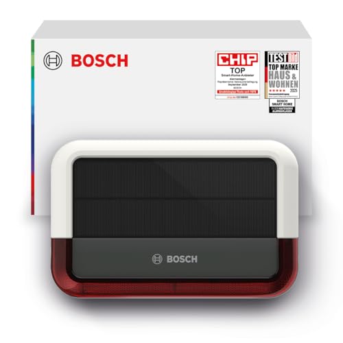 Bosch Smart Home Außensirene, kabellose Alarmanlage mit Solarpanel, warnt per 3-fachen Alarmierung hörbar, sichtbar und via Push-Nachricht, Weiß