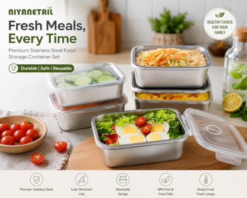 Image of Stainless Steel Food Storage Containers with Transparent Lids, 500 ml Each, Pack of 5 Stackable Kitchen Storage Boxes Leak-Resistant Containers for Lunch, Snacks, Fruits, Dry Foods & Meal Storage