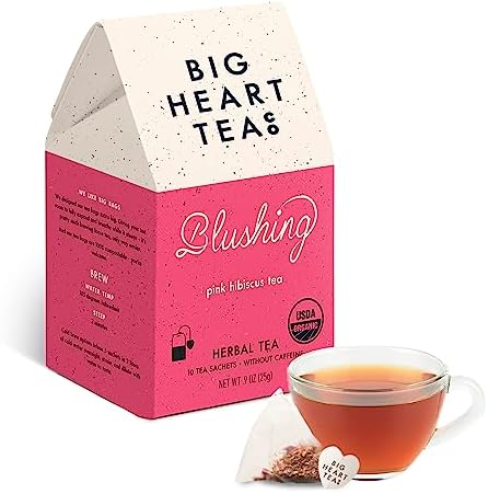 Big Heart Tea Co. Tea Bags - Blushing Pink Hibiscus - Certified Organic, Naturally Sweet Ayurvedic Herbal Decaf Tea with Small Batch Ground Herbs - Adaptogenic Tulsi and Lemongrass, 10 Tea Bags