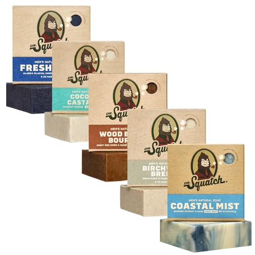 Dr. Squatch Natural Men’s Bar Soap - Cold Process Body Soap Bar with Natural Oils - Summer Citrus, Coconut Castaway, Fresh Falls, Coastal Mist & More (5 oz, 5-Pack, Scents May Vary)