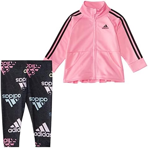 adidas Girls Zip Front Classic Tricot Jacket and Joggers Set, Bliss Pink, 6