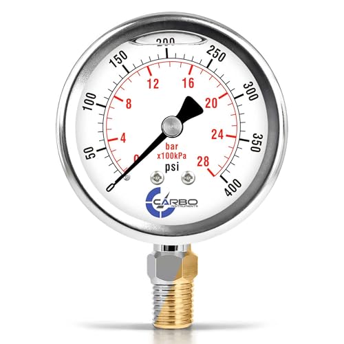 Image of Carbo 400 PSI Liquid Filled Pressure Gauge with NIST Traceable Certificate, Calibrated in USA Lab, 2.5 inch Dial, 1 /4 NPT Lower Mount, ASME Grade A, 304 SS Case, Brass Wetted Parts, PSI /Bar