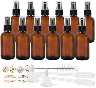 STARSIDE 12 Pack (120 ml) 4oz Amber Glass Spray Bottles with Fine Mist Sprayer & Dust Cap for Essential Oils, Perfumes,Cleaning Products.Included 1 Brush,2 Funnels,2 Droppers & 18 Labels.