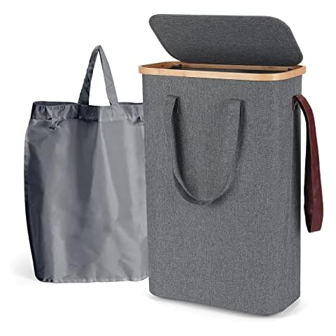 Yamagahome Slim Laundry Basket with Lid 52L, Collapsible Small Laundry Hamper with Removable Laundry Bag, Bamboo Oxford Fabric Washing Basket with Handles for Bedroom, Bathroom, Grey Cover
