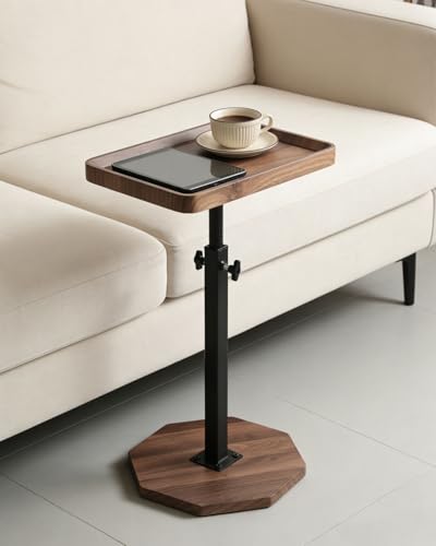 Walnuton Kleiner Beistelltisch Sofa, 360° Rotierend Höhenverstellbarer Beistelltisch Holz (45-80cm), rutschfest und Stabil, für Schlafzimme, Wohnzimmer, Büro, Sofa Couch (braun, Rechteckig)