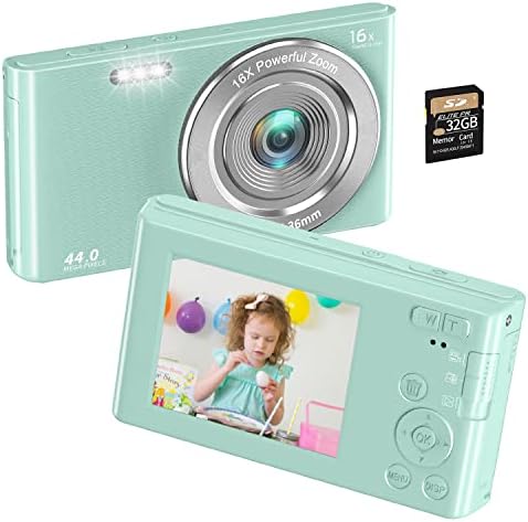 Vlogging Digital Camera 4K 44MP Compact Point and Shoot Camera with 16X Digital Zoom 32GB SD Card,Kids Camera 2.4 Inch for Teens Students Boys Girls Seniors(Green2)