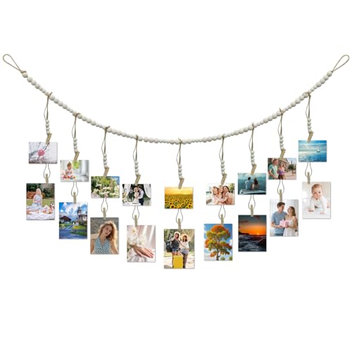 lyualma Portafotos con Clip para Colgar Obras de Arte Rodajas De Madera con 18 Clips Marcos de Fotos Colgantes para Colgador Fotos Pared Collage