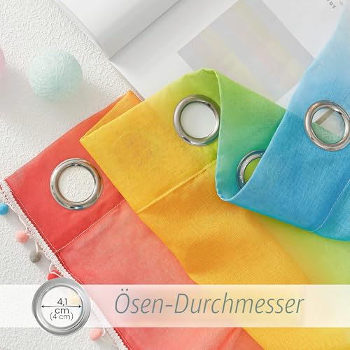 NICETOWN Farbverlauf Gardinen Kinderzimmer Ösenvorhang 2er Set H 160 x B 140 cm Regenbogen Leinenoptik Vorhang Transparent mit Bunten Pompons Dekoration
