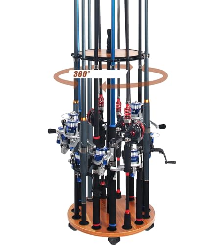 Vertical Fishing Rod Holder, 360 Degree Rotating Fishing Rod Rack, Round Wood Fishing Pole Storage Floor Racks, Holds 15 Angling Rods