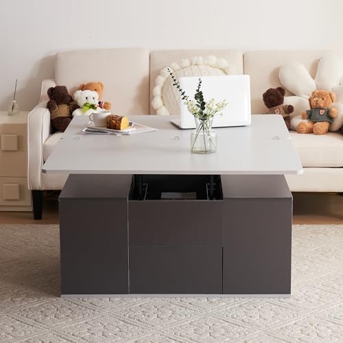 Mesa de centro multifunción elevable - La mesa se abre a 2 mesas, gran capacidad, muebles de salón modernos (gris oscuro + gris claro)