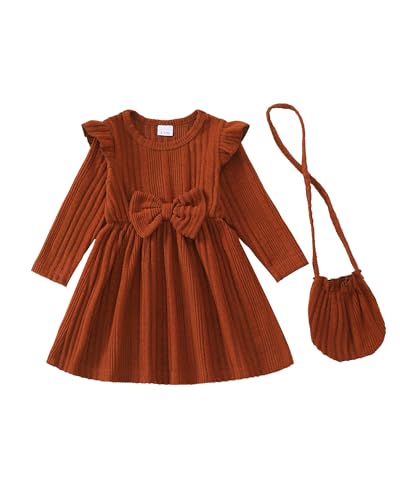 Saeaby Baby Girl Dress 1 Year Old Girl Clothes Fall Long Sleeve Ruffle Casual Dress Bowknot Toddler Girls Outfits Winter for Brown 12-18 Months Old Girls