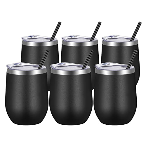 VEGOND Wine Tumblers Bulk 6 Pack, 12oz Stainless Steel Stemless Wine Glass with Lids and Straws, Double Wall Vacuum Insulated Tumbler Cup, Coffee Mug for Cold Hot Drinks