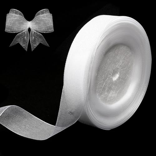 Cinta de Gasa de Organza Blanca, 2 cm x 45 m Cintas de Gasa Transparente Cinta de Regalo Cumpleaños para Envolver Regalos Bricolaje Lazos Boda Ramos de Flores Navidad Acción de Gracias
