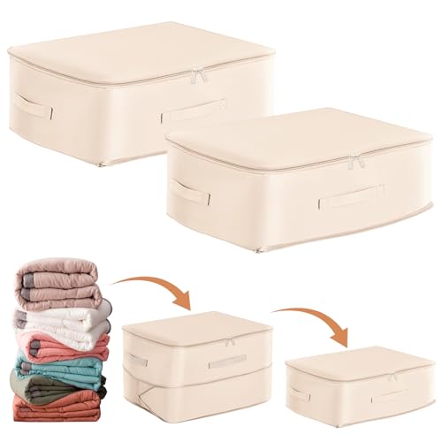 Lot de 2 Organisateur Auto-compression Ultra Peu Encombrants, Sacs de Rangement pour Couettes, Sac de Compression Voyage Empilable, Grand Sac de Rangement Mobiles pour Couvertures(Beige,52x42x30CM)