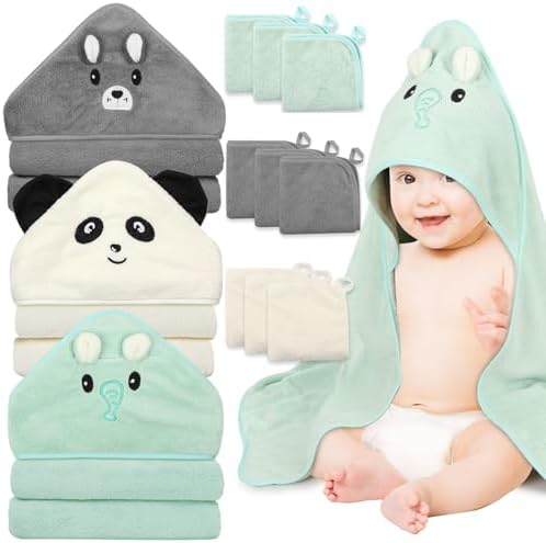 12 PCS Baby Towels, 3 PCS Soft Hooded Baby Towels & 9 PCS Washclo...