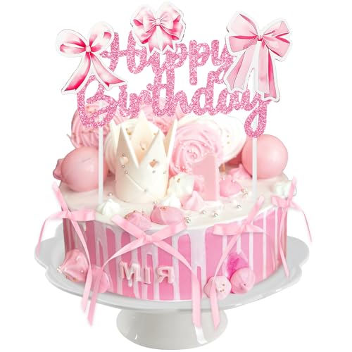 7pcs Ribbon Pink Bow Cake Toppers, Pink Bow Cake Decorations with Happy Birthday Sign for Birthday Party, Baby Shower, Bow Party Decorations