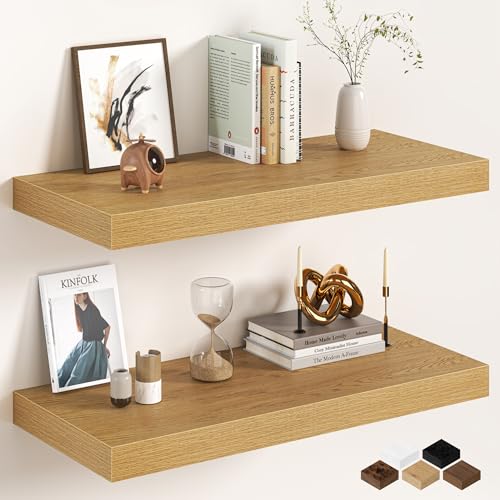 Image of 32Inch Oak Floating Shelves for Wall, 12 Inch Deep Shelves for Bedroom, Kitchen, Bathroom Wall Mounted, Rustic Wood Floating Shelf with Invisible Brackets for Books, Storage, Decor, 2 Packs