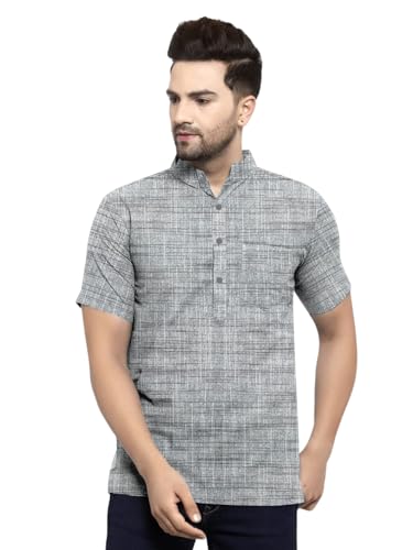 Image of Men's Regular Fit Self-Design Solid Mandarin Collar Half Sleeve Casual Line Pure Cotton Blend Fancy Shirt (Multi-Color)